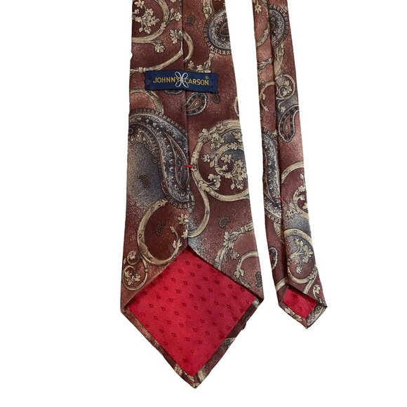 Vintage Johnny Carson Mens Silk Neck Tie Italian Burgundy Gray Tan Paisley - Picture 4 of 6